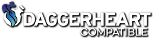 Daggerheart Compatible logo which features a 2-dimensional potion bottle surrounded by stylized steam or smoke.